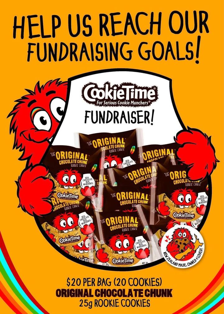 Cookie Time fundraiser poster: $20 per bag, 20 Original Chocolate Chunk 25g Rookie Cookies